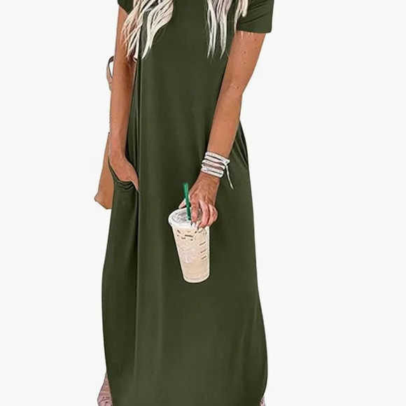 Women's Army Green Casual Loose Maxi Dress V-Neck Short Sleeve Pockets Size S - Picture 3 of 10